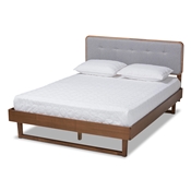 Baxton Studio Natalia Mid-Century Modern Light Grey Fabric Upholstered and Ash Walnut Finished Wood Queen Size Platform Bed